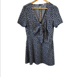 Navy Ditsy Floral Print Lightweight Deep V Tie Neck Short Sleeve Mini Dress S